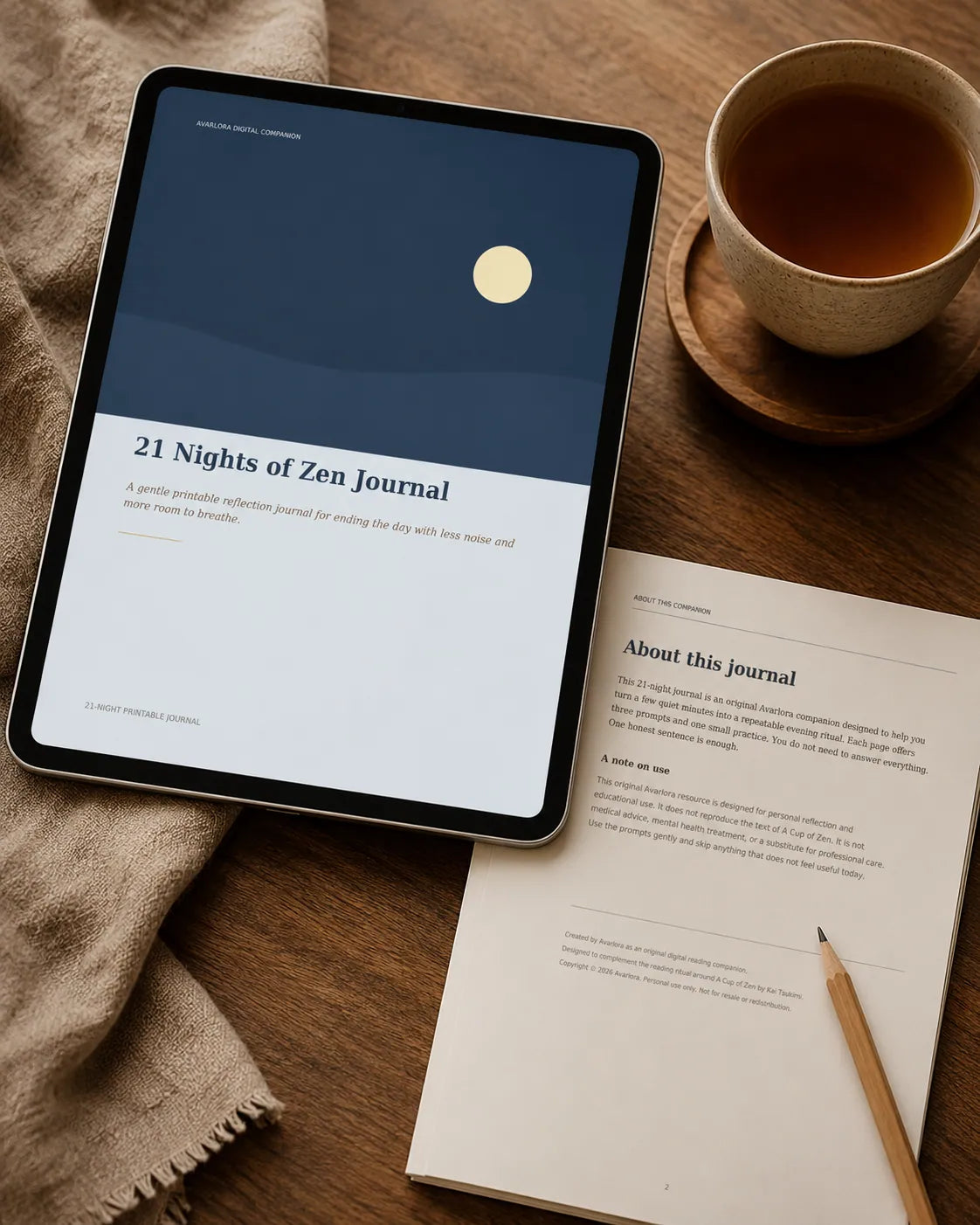 21 Nights of Zen Journal displayed on a tablet beside a printable preview page.