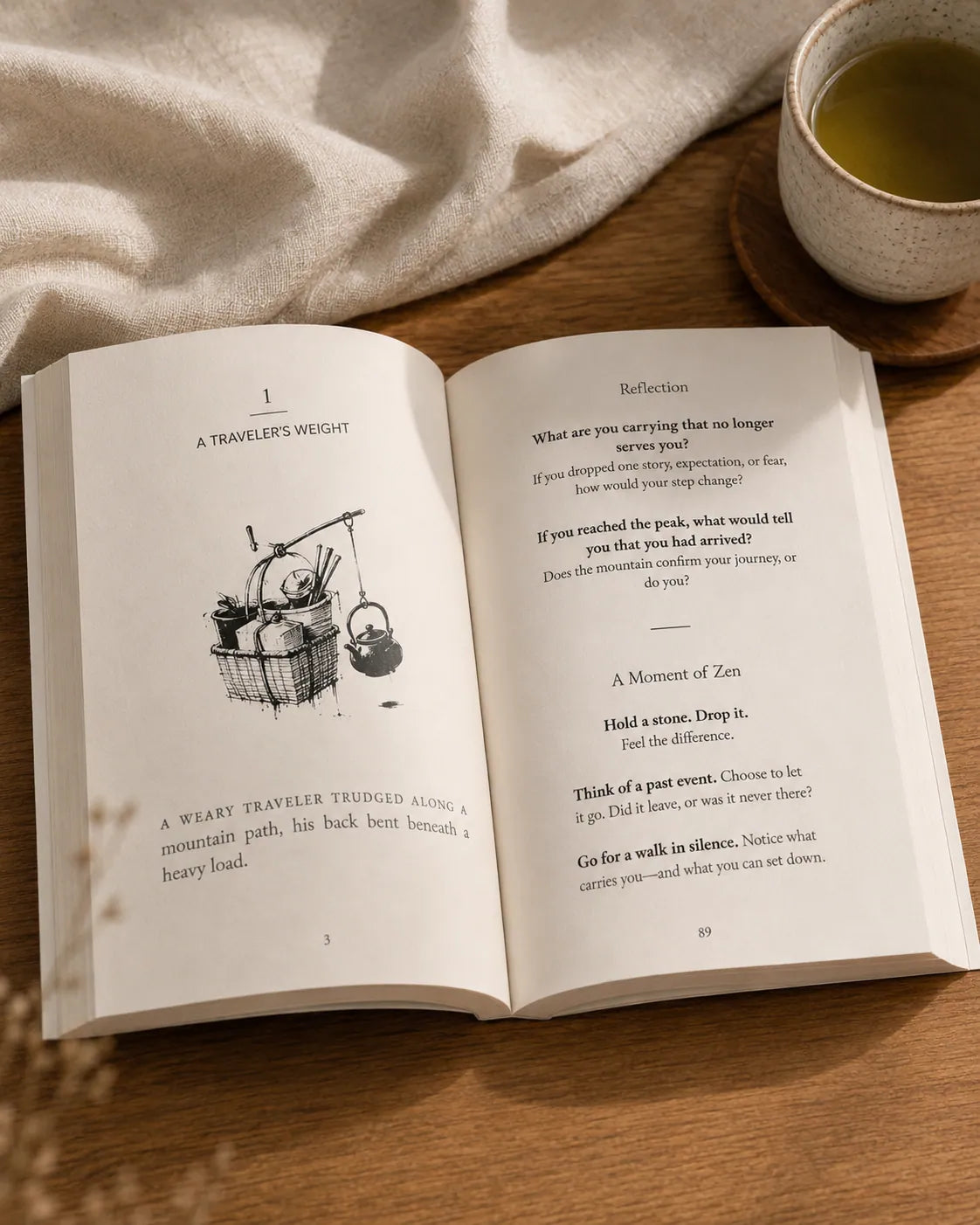 An open spread of A Cup of Zen showing a story page, a reflection page, and A Moment of Zen practice