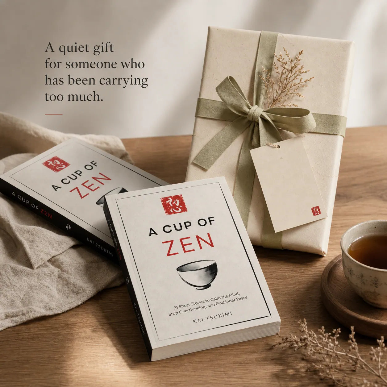 A Cup of Zen beside a wrapped gift