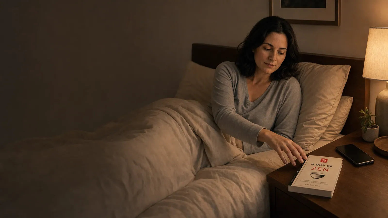 A woman reaching for A Cup of Zen beside her bed after putting down her phone.