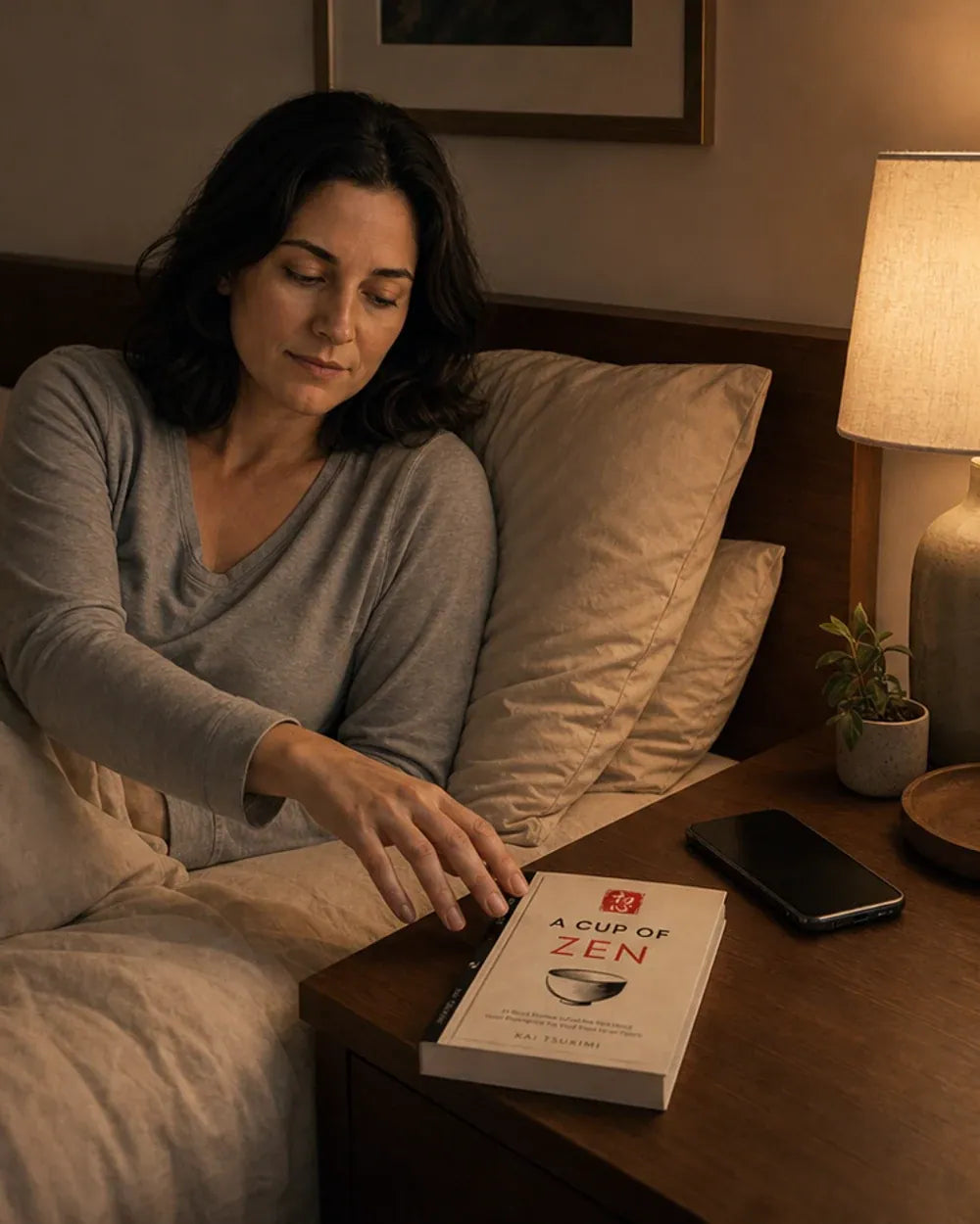 A woman reaching for A Cup of Zen beside her bed after putting down her phone.