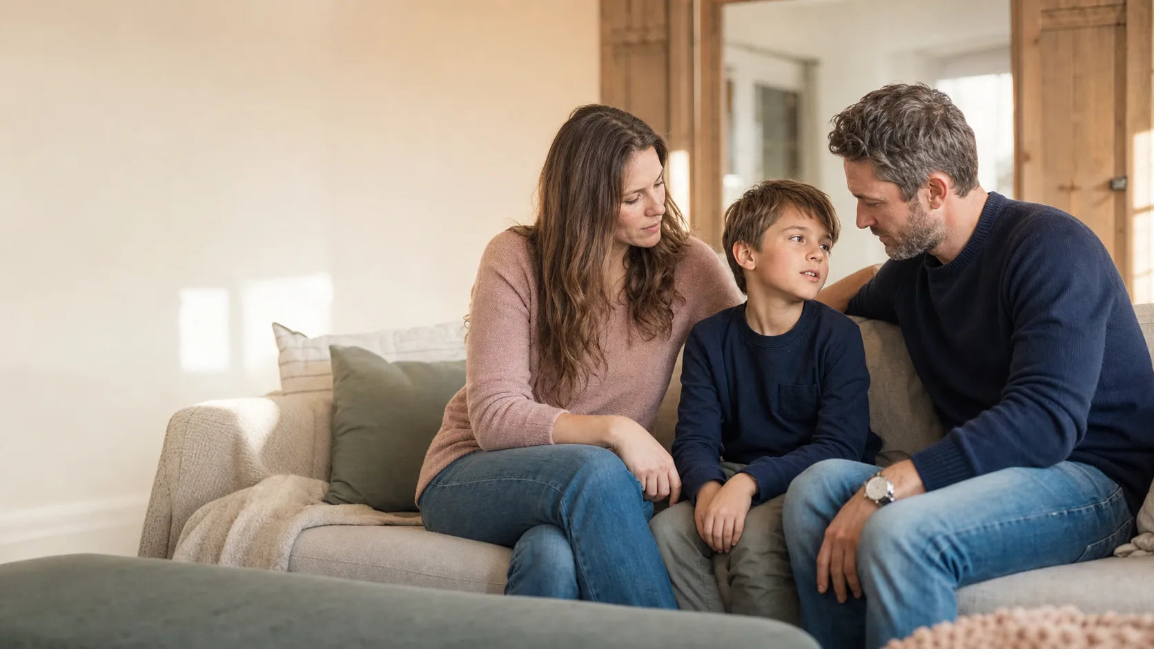 Parents listening carefully as their child speaks at home