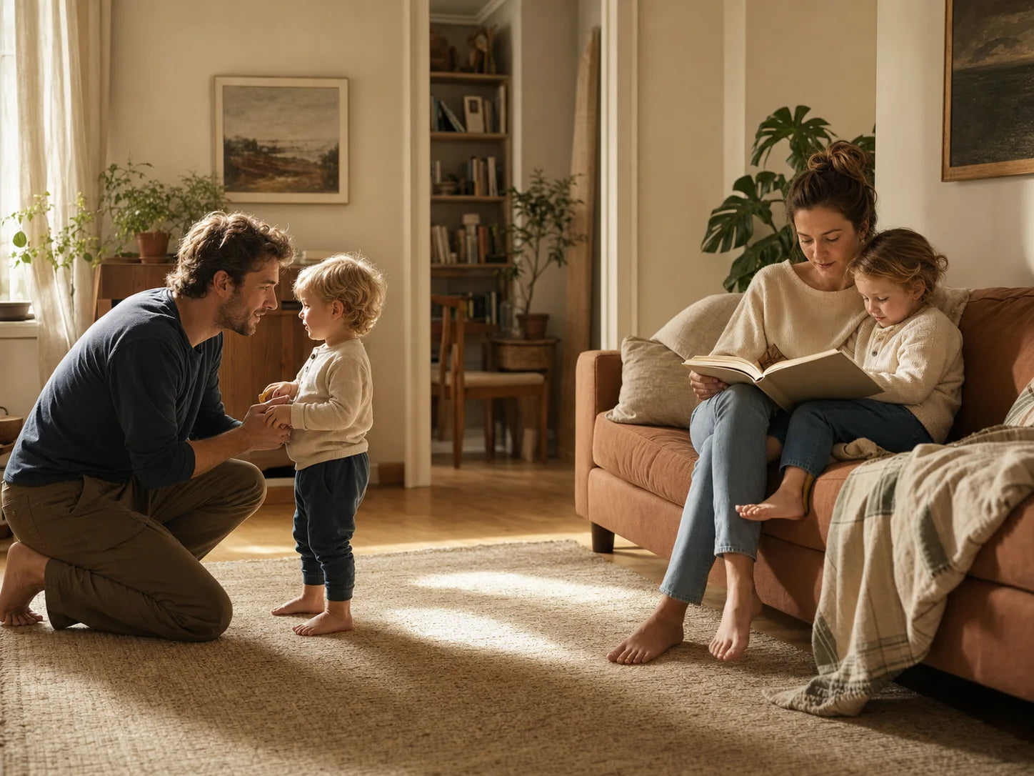 A father connecting with a toddler while a mother reads with a child in the same warm family room